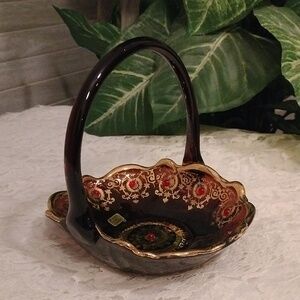 ⚜️ Vintage Amethyst Gold Jeweled Glass Basket